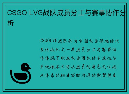 CSGO LVG战队成员分工与赛事协作分析